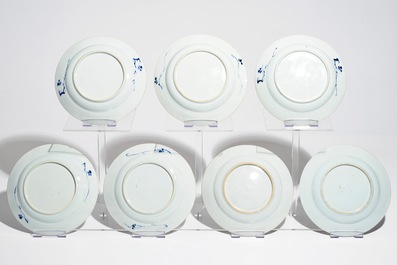 Seven Chinese blue and white and Imari style plates, Kangxi/Yongzheng