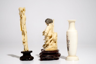 Two Chinese ivory figures and a vase, first half 20th C.