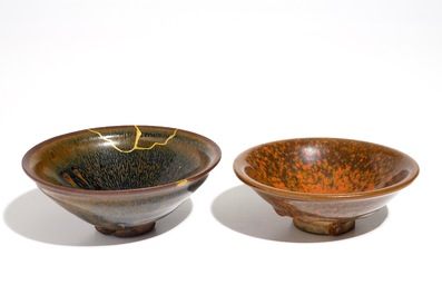 A Chinese kintsugi-repaired Jian hare's fur tea bowl, Song, and a red-splashed Jian bowl, Song or later