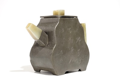 A Chinese inscribed pewter-encased Yixing stoneware teapot with jade, 19/20th C.