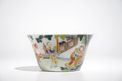 A small Chinese famille rose bowl with figural design, Jiaqing mark and period