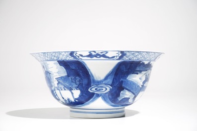 A Chinese blue and white klapmuts bowl with figural design, Chenghua mark, Kangxi