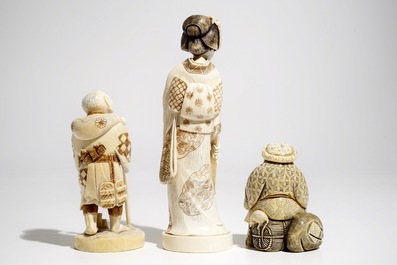 Three signed Japanese ivory okimono, Meiji, 19th C.