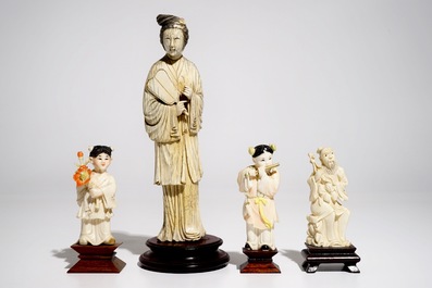 Four Chinese ivory figures on wooden bases, 19/20th C.