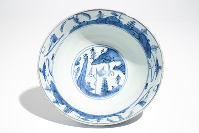 A Chinese blue and white bowl and a qilin plate, Ming, and a Cizhou plate, Jin/Song
