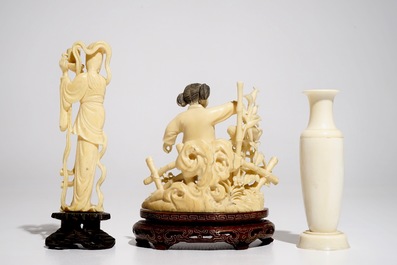 Deux figures et un vase en ivoire sculpt&eacute;, Chine, 1&egrave;re moiti&eacute; du 20&egrave;me