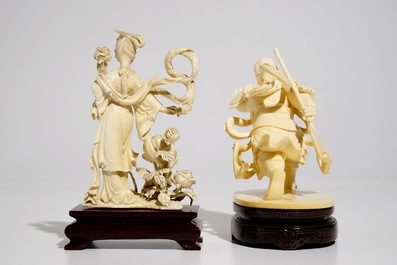 A Chinese ivory warrior and Chang'e on wooden stands, 19/20th C.