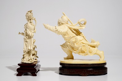 A Chinese ivory warrior and Chang'e on wooden stands, 19/20th C.