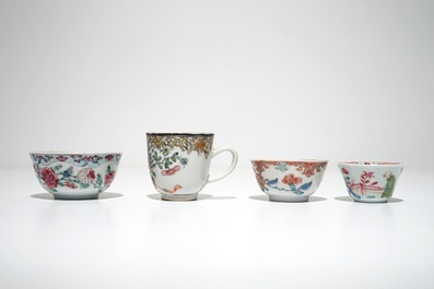 Quatre tasses et soucoupes en porcelaine de Chine famille rose, Yongzheng/Qianlong