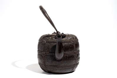 A large Japanese cast-iron tetsubin with bronze cover, Meiji, 19th C.