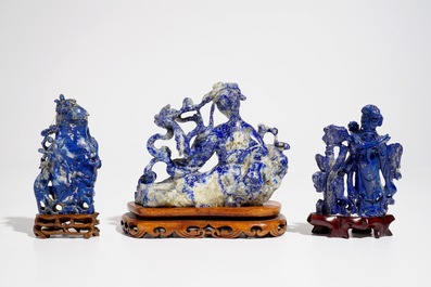 Three Chinese lapis lazuli sculptures on wooden stands, 20th C.