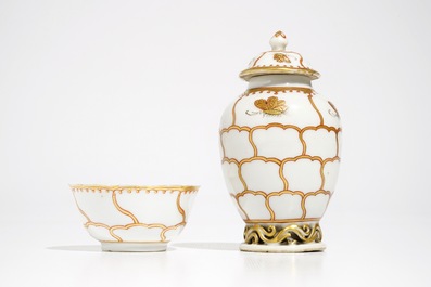 A Chinese tea caddy, a cup and two saucers with gilt design, Yongzheng/Qianlong