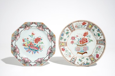 Two Chinese famille rose plates, two cups and saucers and a vase, Yongzheng/Qianlong