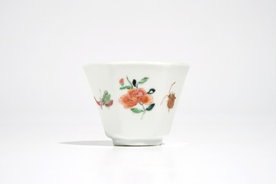 Three Chinese famille rose saucers and one cup with insects and flowers, Yongzheng