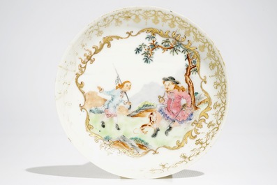 Two Chinese famille rose cups and a saucer with European hunters, Qianlong