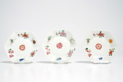 Three Chinese famille rose saucers and one cup with insects and flowers, Yongzheng