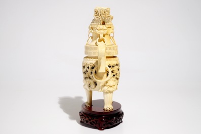 A Chinese reticulated ivory incense burner on stand, ca. 1900