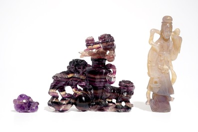 Two amethist carvings and a purple agate carving, China, 19/20e eeuw