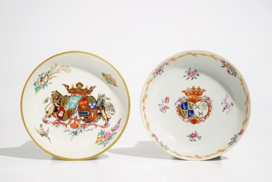 Two Chinese famille rose Dutch market armorial cups and saucers, Qianlong