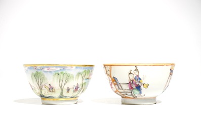 Two Chinese famille rose cups and saucers, Qianlong and 19th C.
