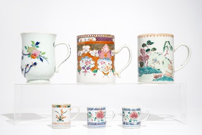 Six Chinese famille rose and famille verte mugs, Kangxi/Qianlong