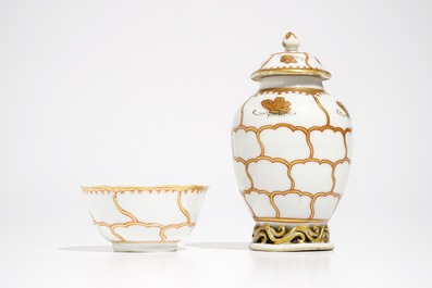 A Chinese tea caddy, a cup and two saucers with gilt design, Yongzheng/Qianlong