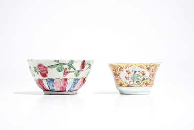 Two Chinese famille rose plates, two cups and saucers and a vase, Yongzheng/Qianlong