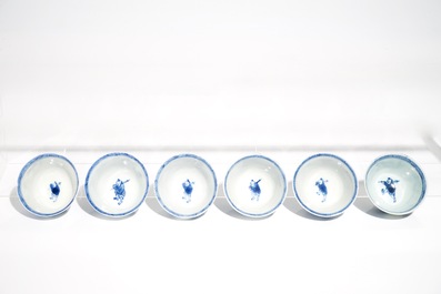 Six Chinese blue and white cups and saucers with warriors on horseback, Kangxi