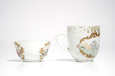 Two Chinese famille rose cups and a saucer with European hunters, Qianlong