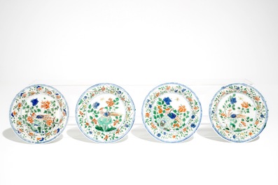 Four Chinese famille verte cups and saucers with pheasants and flowers, Kangxi