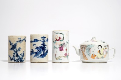 A Chinese qianjiang cai teapot &amp; cover and three blue and white and famille rose brush pots, 19/20th C.