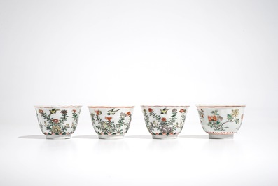 Four Chinese famille verte cups and saucers, Kangxi