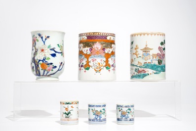 Six chopes en porcelaine de Chine famille rose et verte, Kangxi/Qianlong