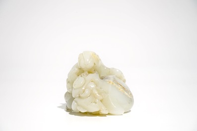 A Chinese white jade carving of a &quot;Three rams&quot; group, 19/20th C.