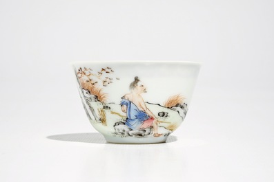 A Chinese famille rose cup and saucer with fine figural design, Yongzheng