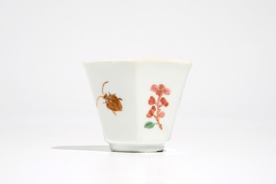 Three Chinese famille rose saucers and one cup with insects and flowers, Yongzheng