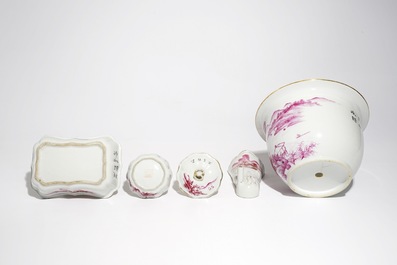 Five Chinese fuchsia-decorated pieces from a larger set, early 20th C.