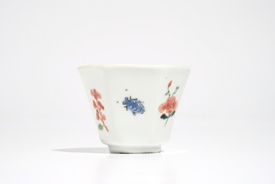 Three Chinese famille rose saucers and one cup with insects and flowers, Yongzheng