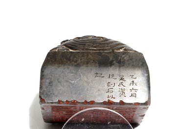 A Chinese stone stamp and three Chinese calligraphy brushes of bamboo, jade and horn, 19/20th C.