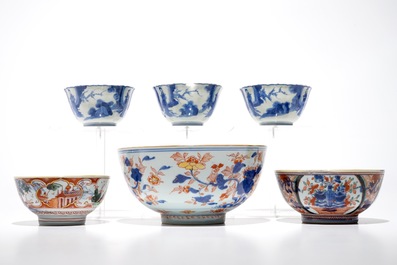 Six Chinese blue and white, Imari style and two Dutch-decorated Amsterdams bont type bowls, Kangxi/Qianlong