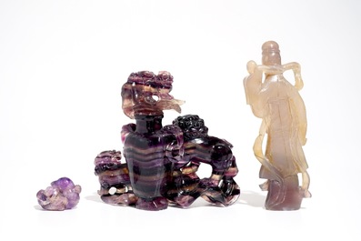 Trois sculptures en am&eacute;thyste et agate pourpre, Chine, 19/20&egrave;me