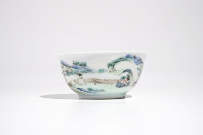 A Chinese famille rose cup and saucer with landscape design, Yongzheng