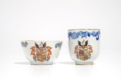 Two Chinese armorial cups and a saucer for the Belgian market, Qianlong