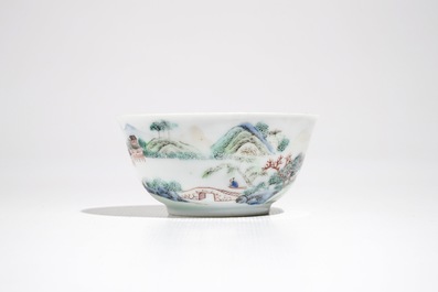 A Chinese famille rose cup and saucer with landscape design, Yongzheng