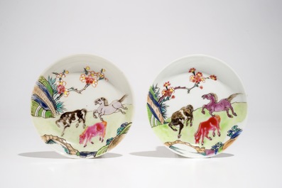 A pair of Chinese famille rose cups and saucers with horse design, Yongzheng/Qianlong