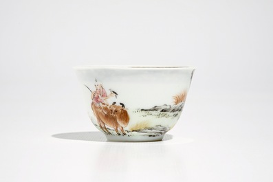 A Chinese famille rose cup and saucer with fine figural design, Yongzheng