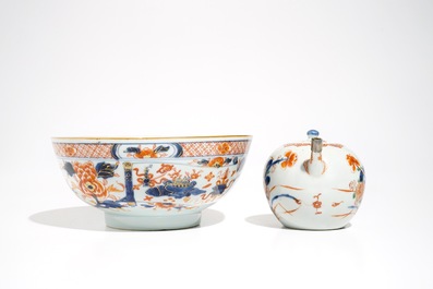 A Chinese verte-Imari teapot and an Imari style bowl, Kangxi