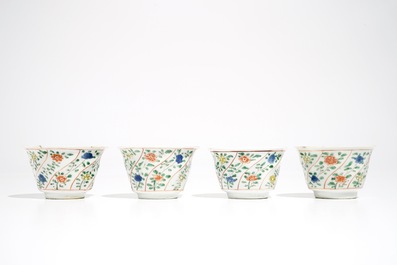 Four Chinese famille verte cups and saucers with pheasants and flowers, Kangxi