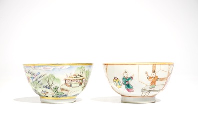 Deux tasses et soucoupes en porcelaine de Chine famille rose, Qianlong et 19&egrave;me