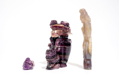 Two amethist carvings and a purple agate carving, China, 19/20e eeuw